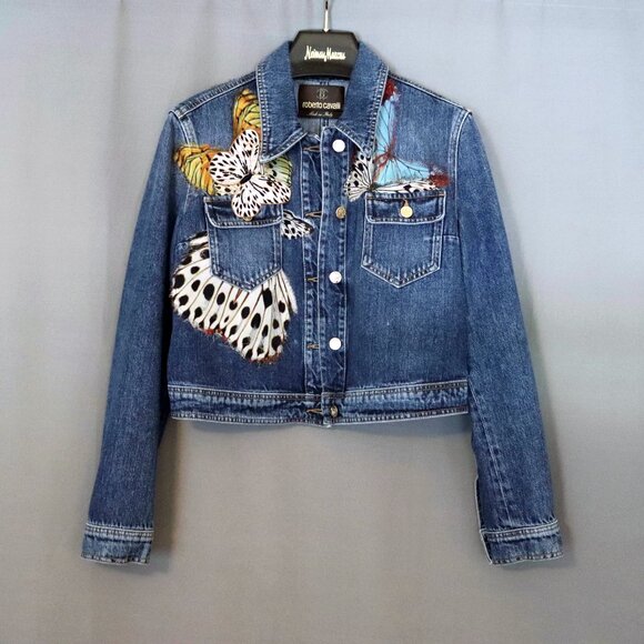 Roberto Cavalli Size IT 46 Butterfly Denim Jean Jacket Vintage - Picture 6 of 15